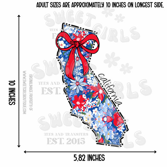 California State Floral Bow Heat Transfer – Ready to Press Trendy USA Map Iron-On Design for Shirts, Totes, Patriotic DIY – Cute & Durable
