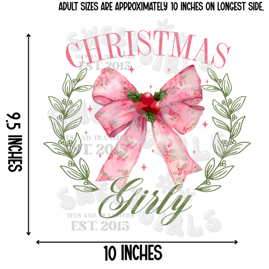 Christmas Girly Pink Bow Wreath Heat Transfer – Ready to Press Heat Transfer for T-Shirts, Bags & DIY Fabric Projects – Washable Iron-On Clothing Sticker, Long-Lasting and Trendy Holiday Print