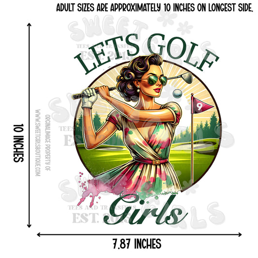 Let's Golf Girls Retro Pin-Up Golf Heat Transfer – Vintage Sporty Glam Design for Women | DTF Transfer for Shirts, Totes, and Gifts