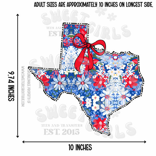 Texas State Floral Bow Heat Transfer – Ready to Press Trendy USA Map Iron-On Design for Shirts, Totes, Patriotic DIY – Cute & Durable