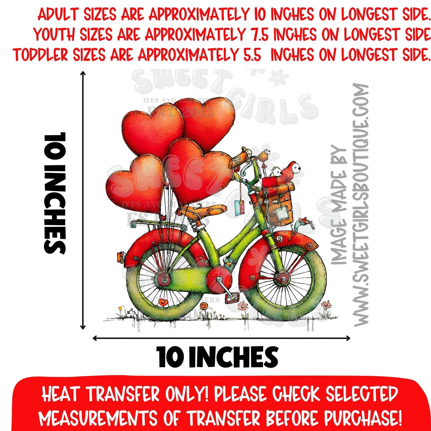 Vintage Bicycle with Heart Balloons DTF Heat Transfer – Valentine Love Bike Iron On