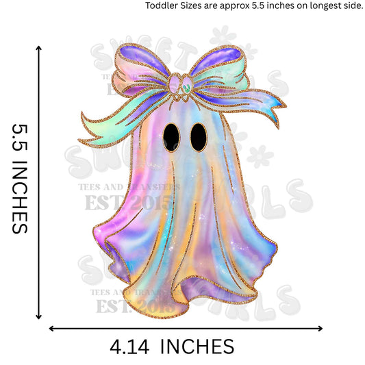 Iridescent Coquette Ghost with Pastel Bow DTF Heat Transfer – Ready to Press Holographic Style Halloween Iron-On for Shirts, Bags, Hoodies – Glitter Ghost Transfer
