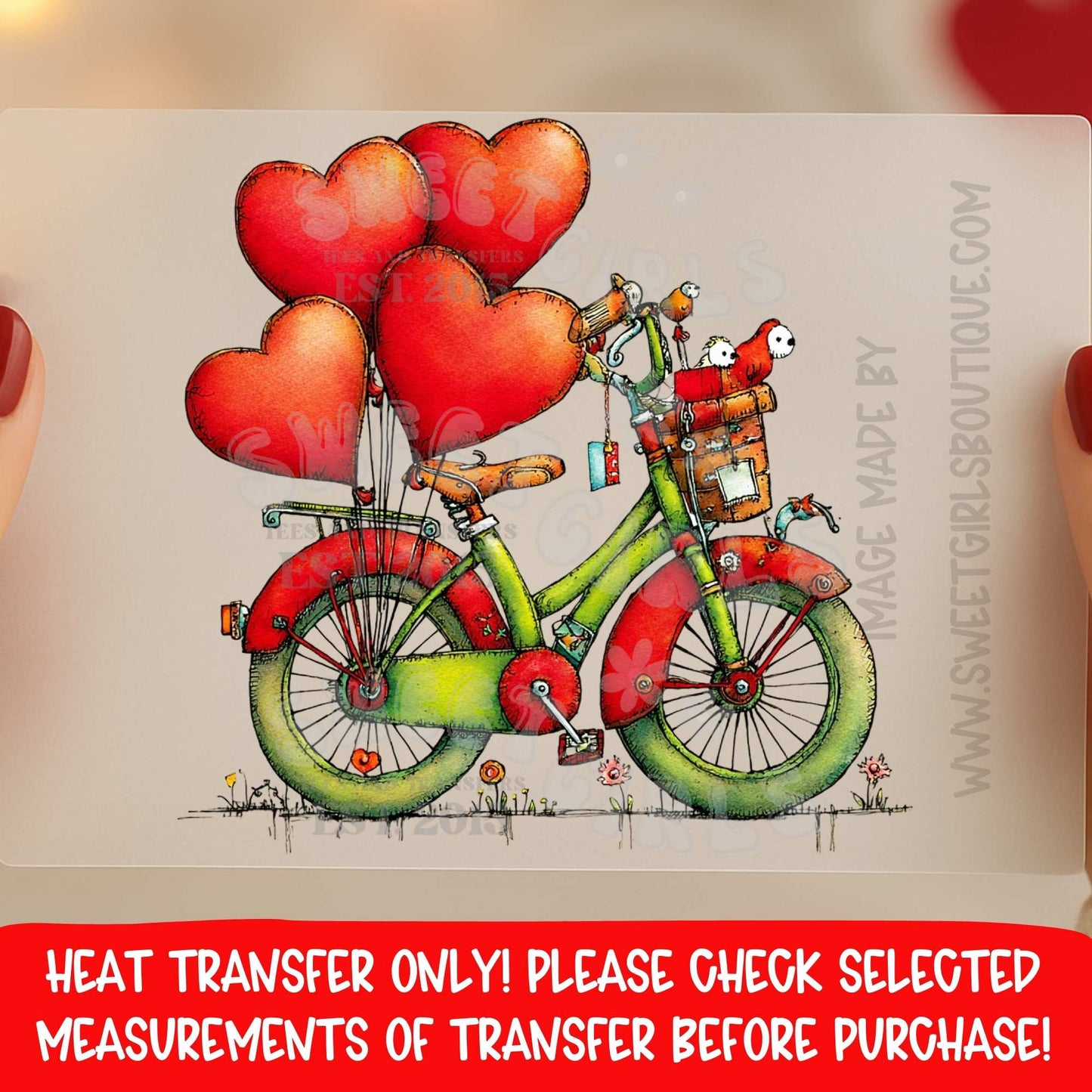 Vintage Bicycle with Heart Balloons DTF Heat Transfer – Valentine Love Bike Iron On