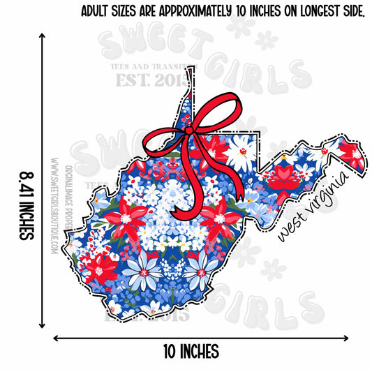 West Virginia State Floral Bow Heat Transfer – Ready to Press Trendy USA Map Iron-On Design for Shirts, Totes, Patriotic DIY – Cute & Durable