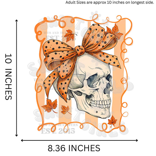 Skull with Fall Bow and Frame DTF Heat Transfer – Ready to Press Halloween Iron-On Sticker for T-Shirts, Sweatshirts, Totes – Spooky Autumn Vibes
