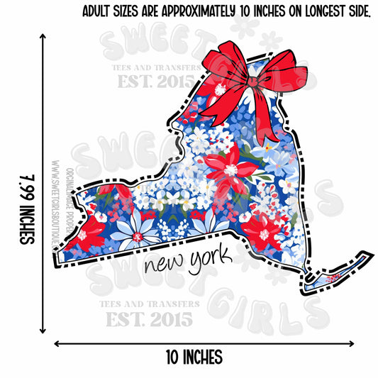 New York State Floral Bow Heat Transfer – Ready to Press Trendy USA Map Iron-On Design for Shirts, Totes, Patriotic DIY – Cute & Durable