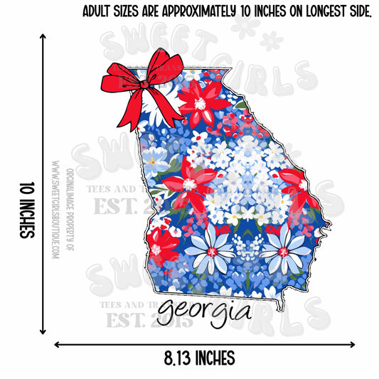 Georgia State Floral Bow Heat Transfer – Ready to Press Trendy USA Map Iron-On Design for Shirts, Totes, Patriotic DIY – Cute & Durable