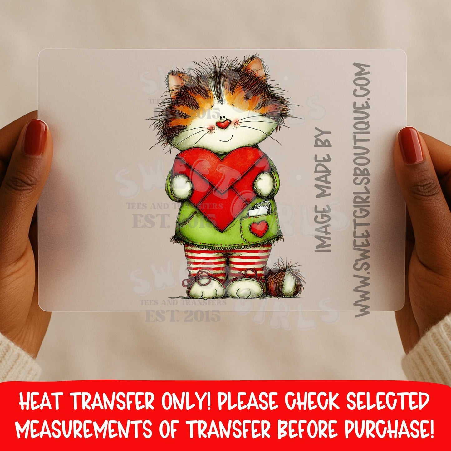 Cute Cat Holding Heart DTF Heat Transfer – Valentine Kitty Iron On