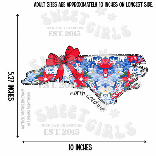 North Carolina State Floral Bow Heat Transfer – Ready to Press Trendy USA Map Iron-On Design for Shirts, Totes, Patriotic DIY – Cute & Durable