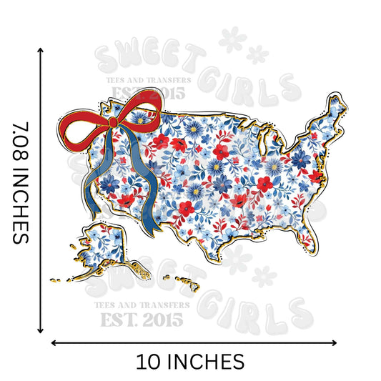 Floral USA Map with Bow DTF Transfer – Watercolor Patriotic Iron-On Heat Transfer – Washable Direct to Film for Shirts, Bags, Decor