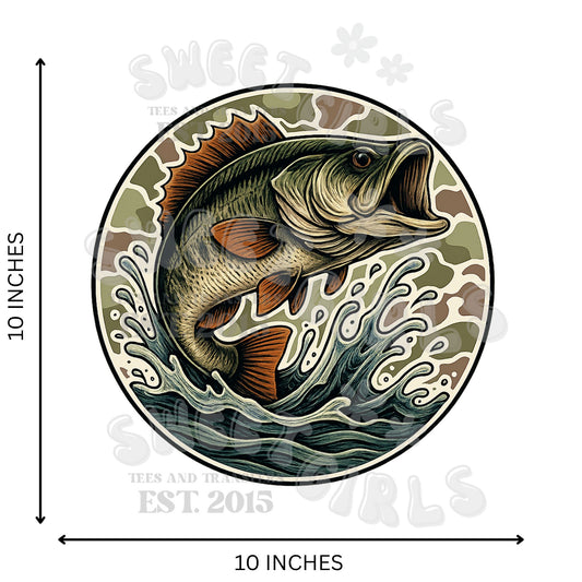 Bass Fishing Camo DTF Transfer – Largemouth Bass Water Splash Iron-On – Realistic Outdoor Heat Transfer for Fishing Shirts & Totes – Washable & Press Ready