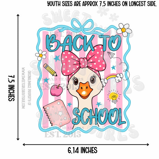 Back to School Goose Heat Transfer – Cute Pink Bow Goose School Design – Ready to Press Iron-On for Kids' Tees, Totes, DIY Gifts – Vibrant & Durable Print