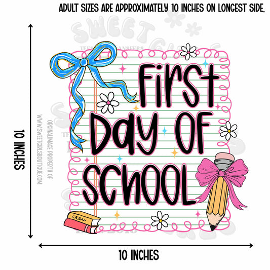 First Day of School Heat Transfer – Notebook Paper Bow Pencil Design – Ready to Press Iron-On for Back to School Tees & DIY Teacher Gifts