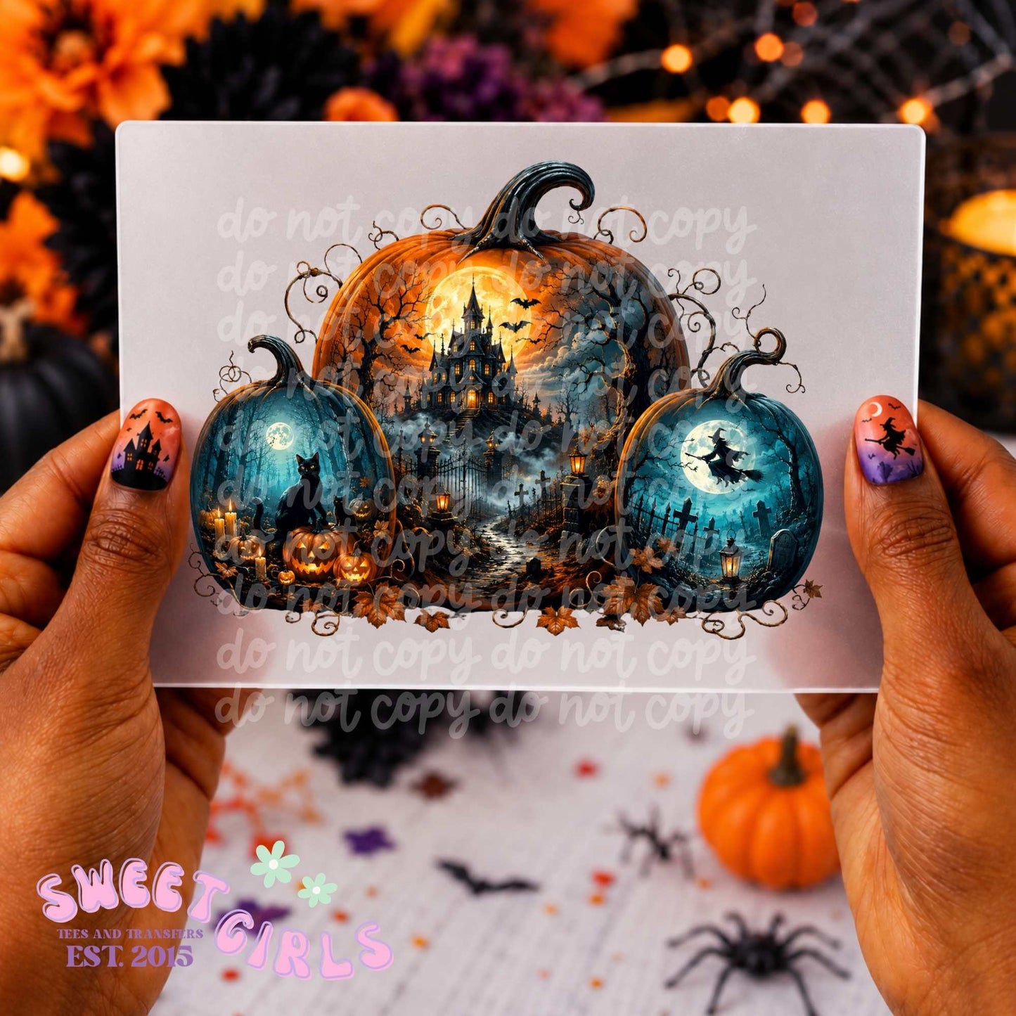 Haunted Halloween Pumpkin Castle Moon Witch DTF Heat Transfer, Ready To Press, NOT A SHIRT