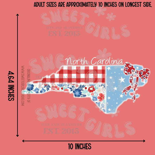 North Carolina State Floral Patchwork Heat Transfer – Ready to Press Patriotic Bow Design – USA Floral Gingham & Stars Iron-On Transfer for Shirts, Bags, and More – Trendy Heat Transfer