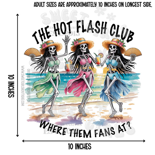 The Hot Flash Club Skeleton Beach Party DTF Heat Transfer – Funny Menopause Humor Design | Iron-On for Tees, Tanks & Gifts