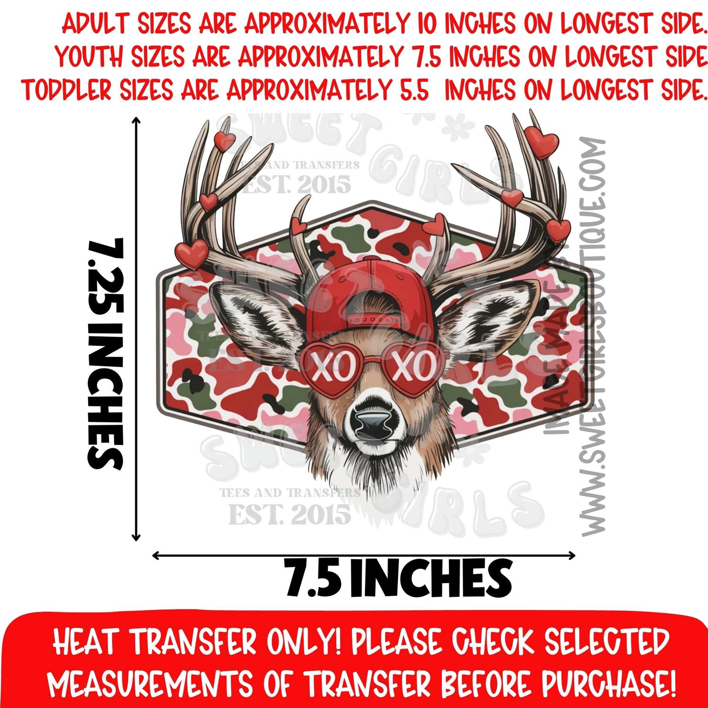 Valentine Deer DTF Heat Transfer XO XO Camo Buck | Hunting Love Iron On Transfer | Farm Country Valentine Design