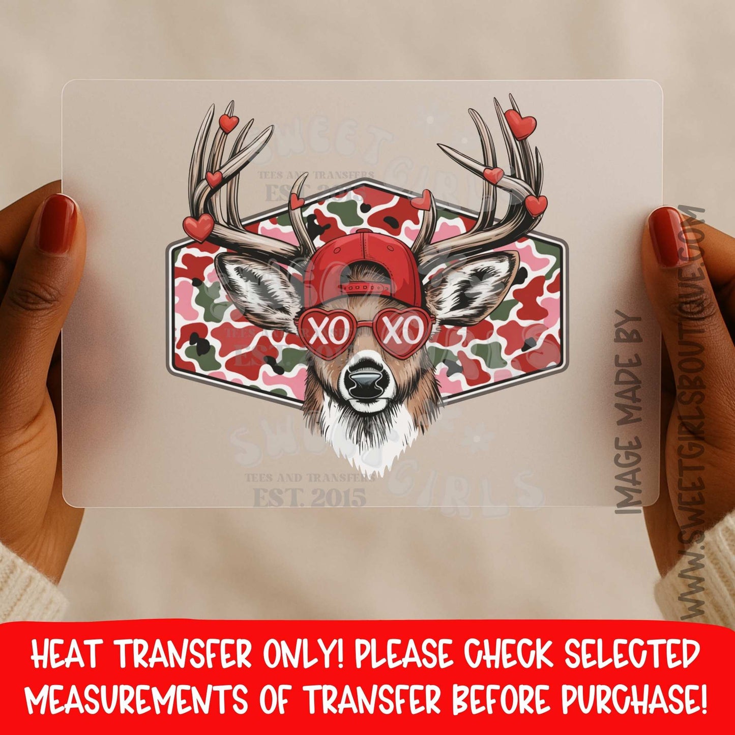Valentine Deer DTF Heat Transfer XO XO Camo Buck | Hunting Love Iron On Transfer | Farm Country Valentine Design