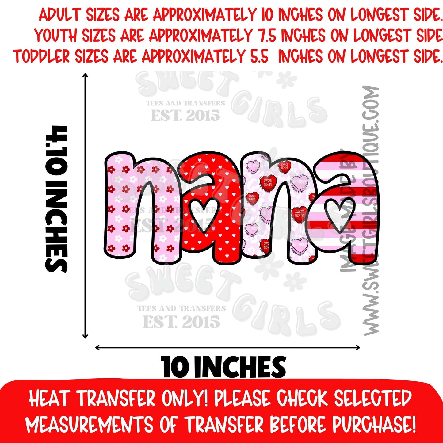 Nana Valentine Heart Bubble Letter DTF Heat Transfer Iron On | Pink Red Love Grandma Gift | Heat Transfer Design