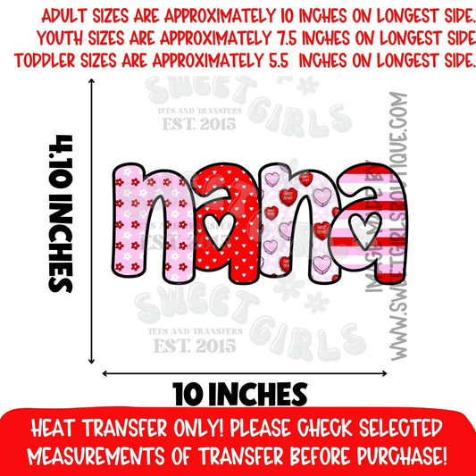 Nana Valentine Heart Bubble Letter DTF Heat Transfer Iron On | Pink Red Love Grandma Gift | Heat Transfer Design