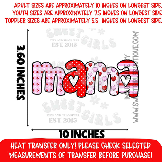 Mama Valentine Heart Bubble Letter DTF Heat Transfer Iron On | Pink Red Floral Love Mom Gift | Heat Transfer Design