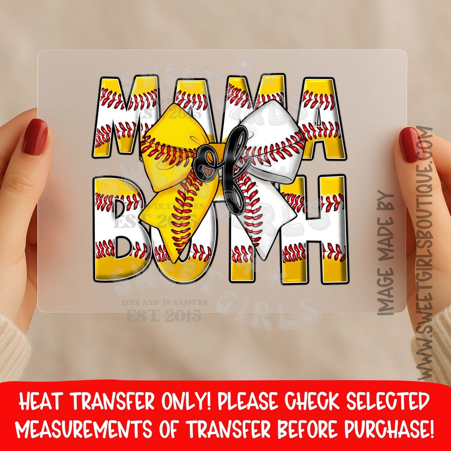 Mama of Both Baseball Softball Heat Transfer DTF Iron On Graphic Transfer – Sports Mom Bow Design Not a Shirt