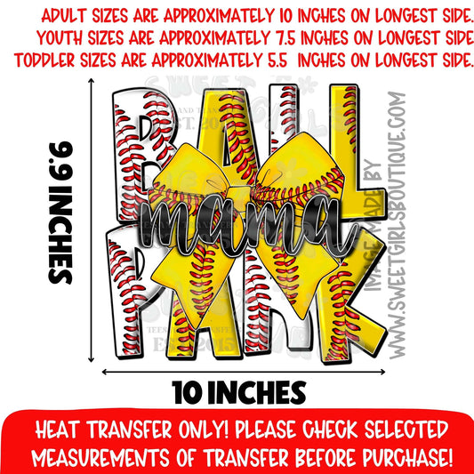 Ball Mama Baseball Softball Heat Transfer DTF Iron On Graphic Transfer – Sports Mom Bow Design Not a Shirt