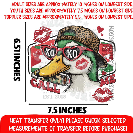 Call Me Duck Valentine Heat Transfer DTF Iron On Graphic Transfer – Funny Duck XO Lips Valentine Design Not a Shirt