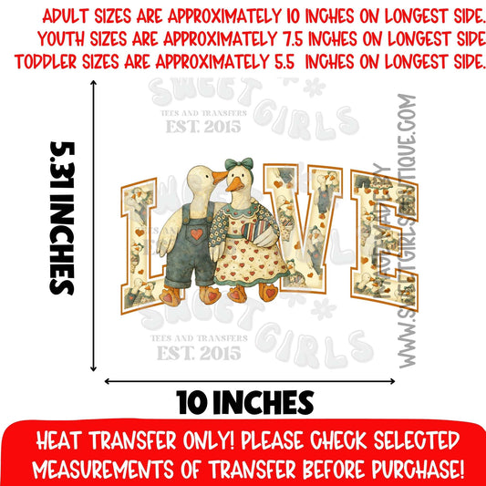 LOVE Goose Couple Vintage Quilt Style DTF heat transfer | Cottagecore Farmhouse Valentine Printable Transfer