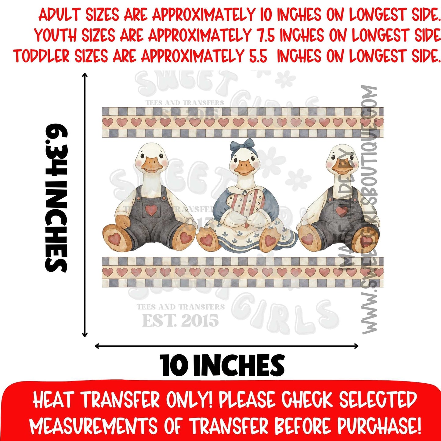 Three Geese Border Strip DTF heat transfer | Country Goose Valentine Checkered Hearts Printable Transfer