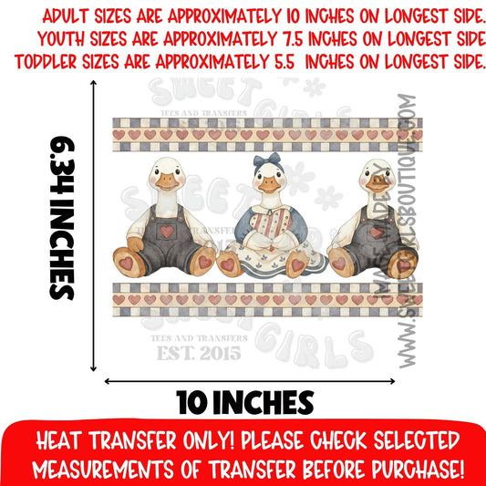 Three Geese Border Strip DTF heat transfer | Country Goose Valentine Checkered Hearts Printable Transfer