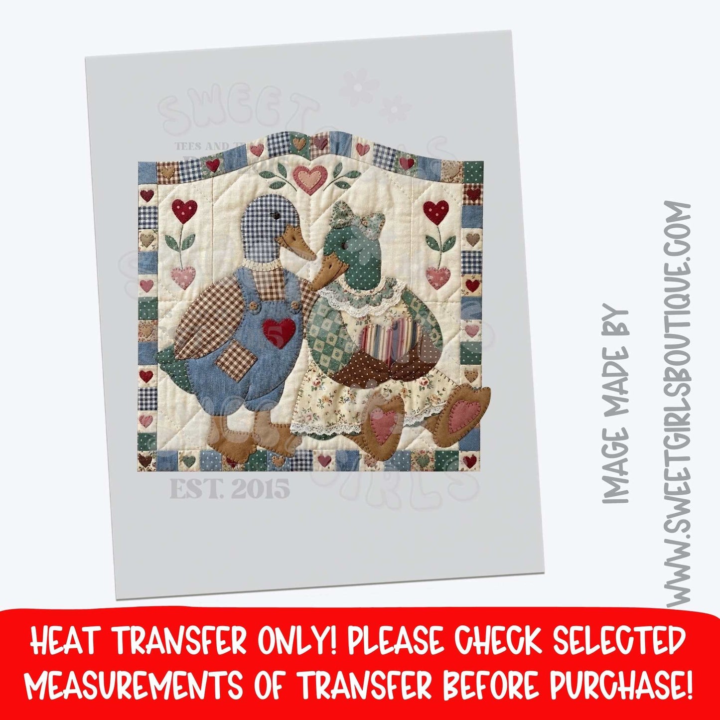 Quilted Goose Square DTF heat transfer | Vintage Patchwork Goose Couple Printable Transfer (Cottagecore Farmhouse)