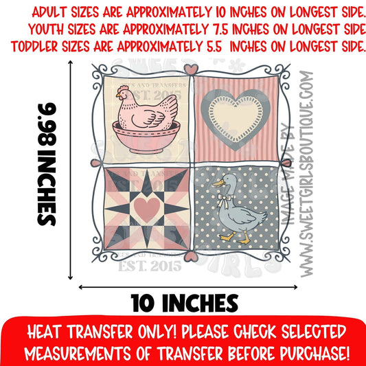 Cottagecore Patchwork Goose & Hen Quilt Block DTF heat transfer | Farmhouse Valentine Printable Transfer