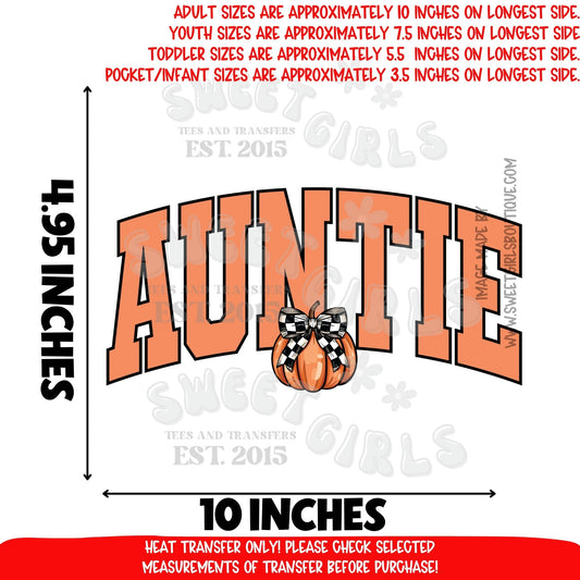 AUNTIE Pumpkin Bow DTF Heat Transfer | Fall Aunt Shirt Iron On | Buffalo Plaid Bow Pumpkin | Ready To Press Cold Peel Transfer | Autumn Family Matching Craft | DIY Printable Design