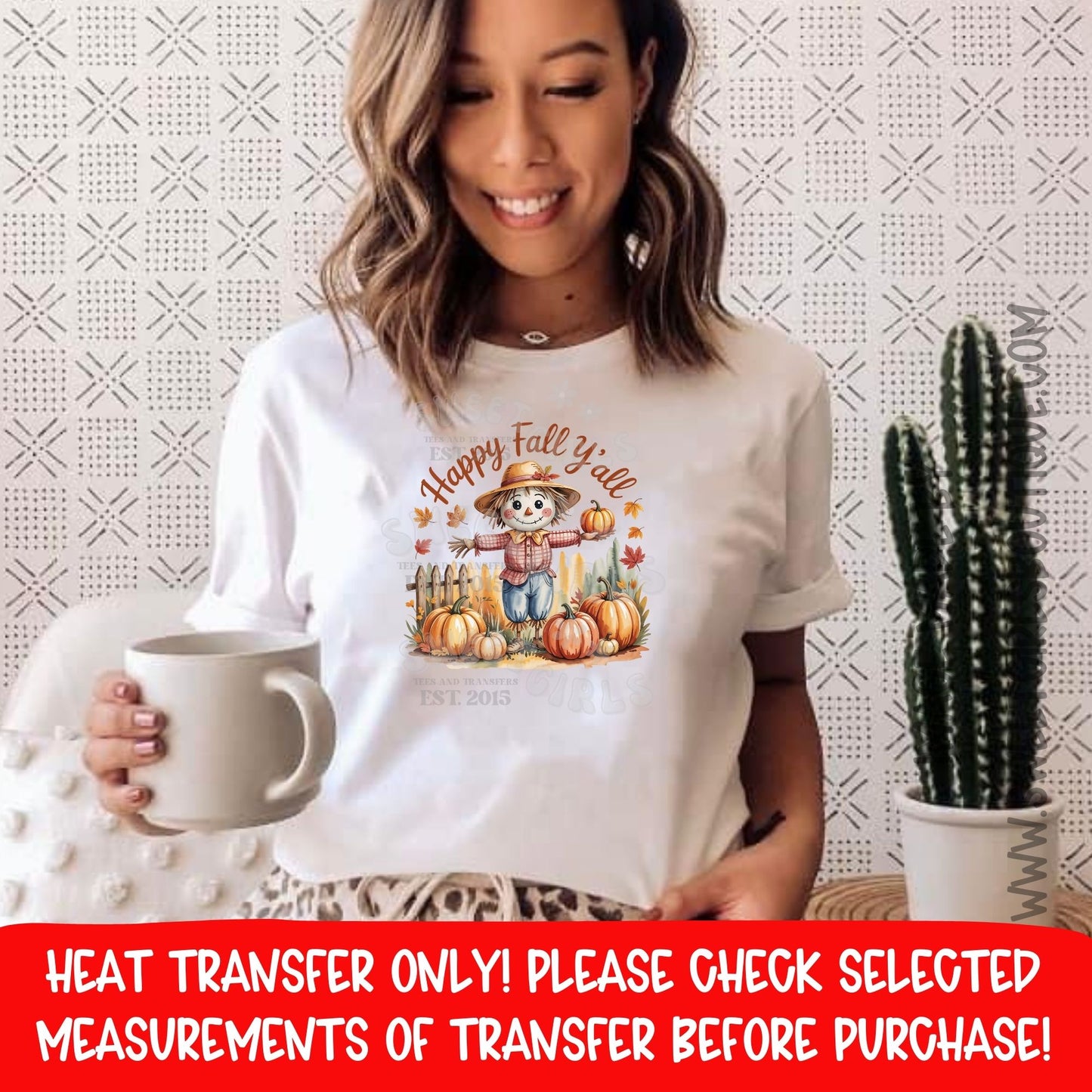 Happy Fall Y’all Scarecrow Pumpkin Patch DTF Heat Transfer – Fall Shirt Transfer, Thanksgiving Autumn Leaves Printable Transfers for DIY Crafts