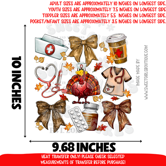 Thanksgiving Nurse Turkey Heat Transfer | Fall Medical Coffee Stethoscope Scrubs Bow DTF Ready To Press Cold Peel Iron On Applique for DIY Shirts