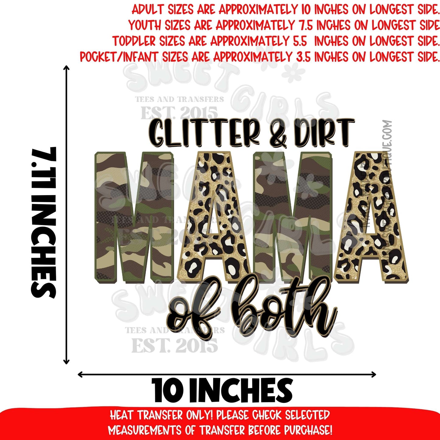 Glitter & Dirt Mama of Both DTF Heat Transfer | Camo Leopard Mom Life Iron On | Trendy Ready to Press DIY Shirt Design