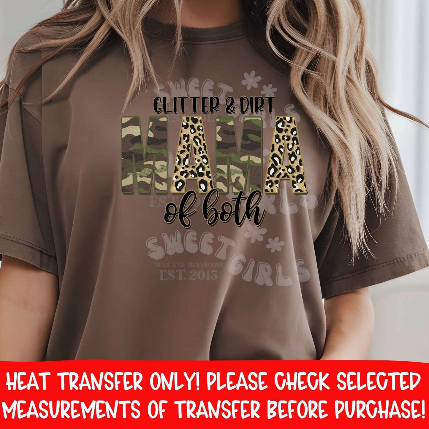Glitter & Dirt Mama of Both DTF Heat Transfer | Camo Leopard Mom Life Iron On | Trendy Ready to Press DIY Shirt Design
