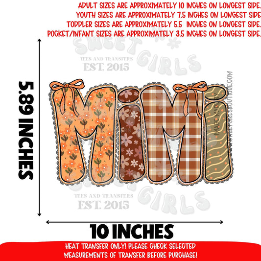 Fall Mimi DTF Heat Transfer Iron On | Autumn Plaid Pumpkin Leaves Print | Thanksgiving Mimi Shirt Design Craft