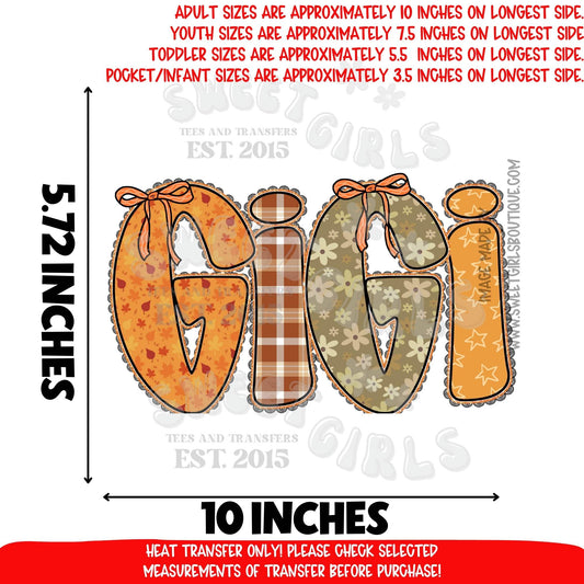 Fall Gigi DTF Heat Transfer Iron On | Autumn Plaid Pumpkin Leaves Print | Thanksgiving Gigi Shirt Design Craft