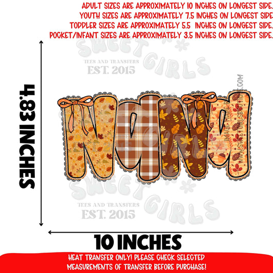 Fall Nana DTF Heat Transfer Iron On | Autumn Plaid Pumpkin Leaves Print | Thanksgiving Nana Shirt Design Craft