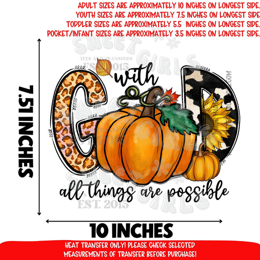God With Pumpkin Sunflower DTF Heat Transfer | Fall Faith Christian Shirt Iron On | Leopard Cow Print Letters | Ready To Press Cold Peel Transfer | Autumn Religious Craft Design