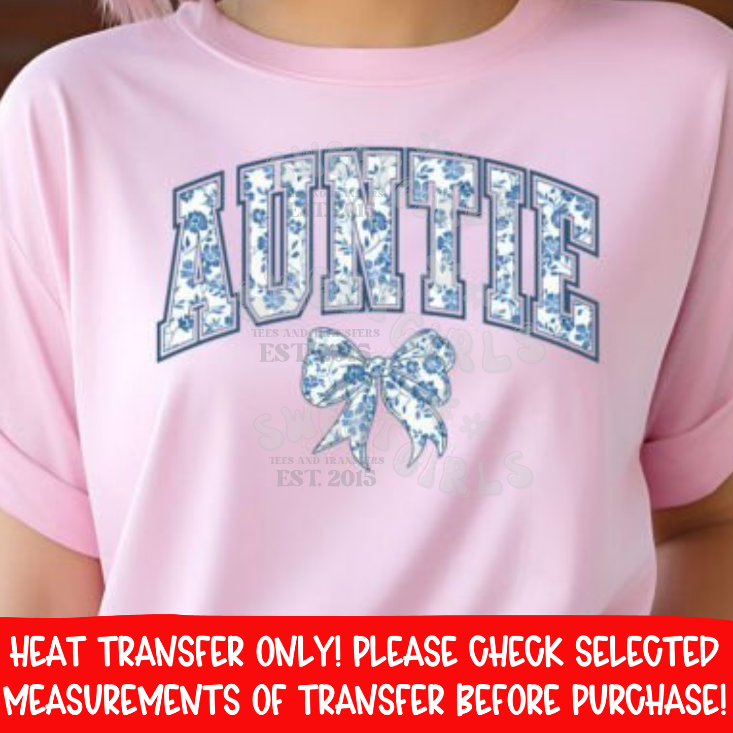 Blue Floral Auntie DTF heat transfer iron-on appliqué • trendy family matching shirt print • aunt life • floral bow retro design