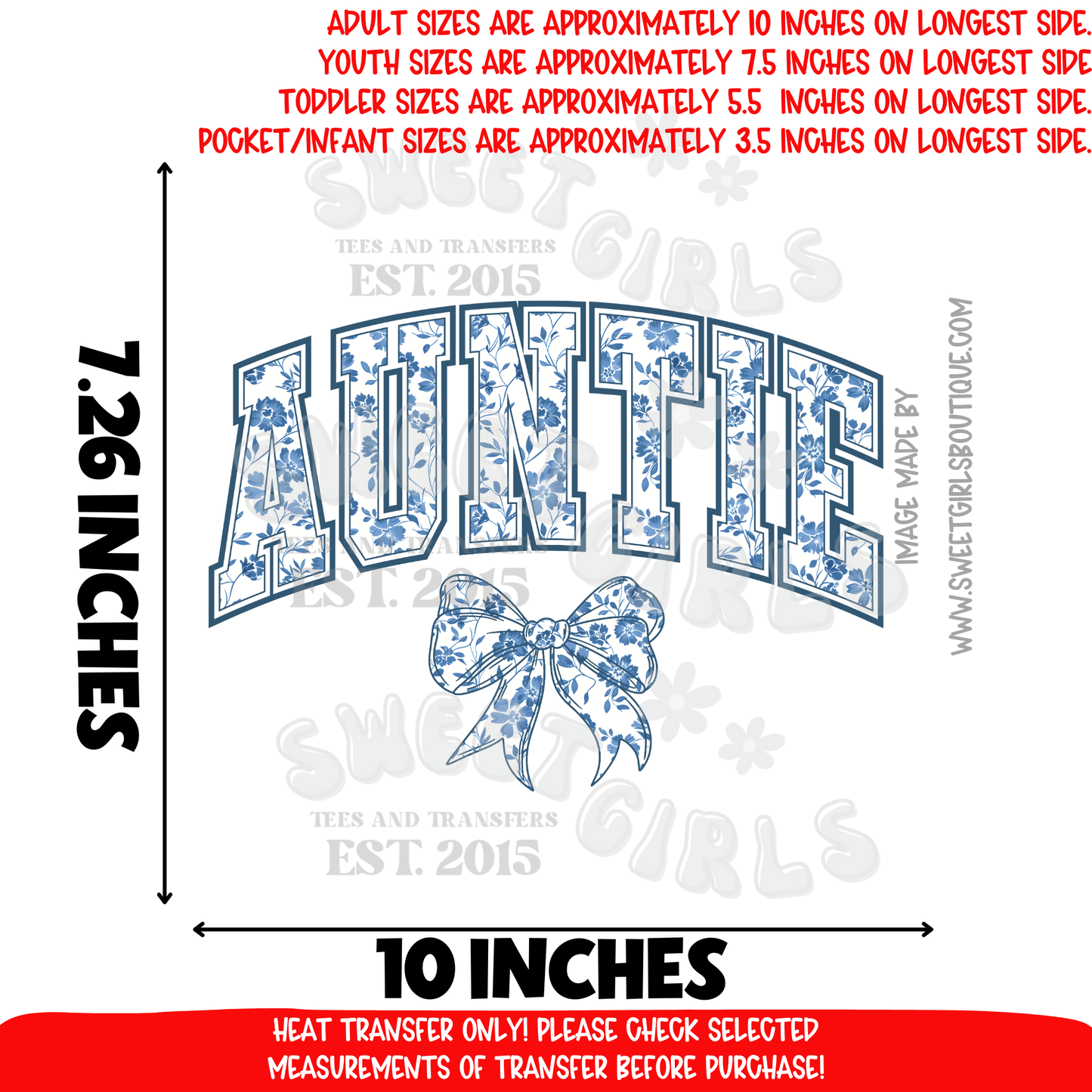 Blue Floral Auntie DTF heat transfer iron-on appliqué • trendy family matching shirt print • aunt life • floral bow retro design
