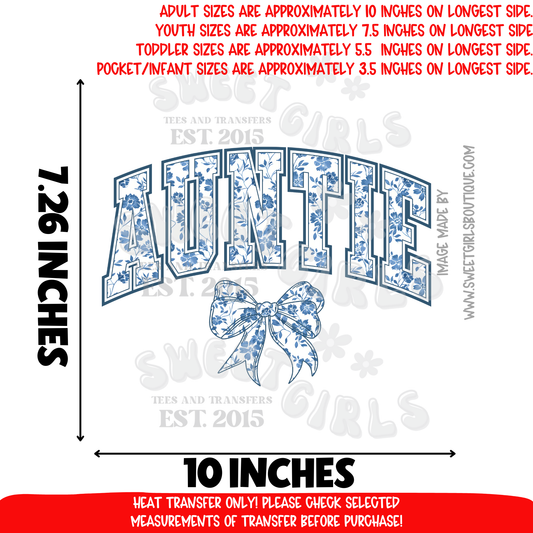 Blue Floral Auntie DTF heat transfer iron-on appliqué • trendy family matching shirt print • aunt life • floral bow retro design