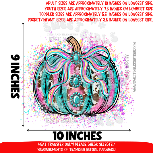 Turquoise Bow Pumpkin DTF heat transfer iron-on appliqué • western turquoise concho • fall Halloween rustic cowgirl tee design