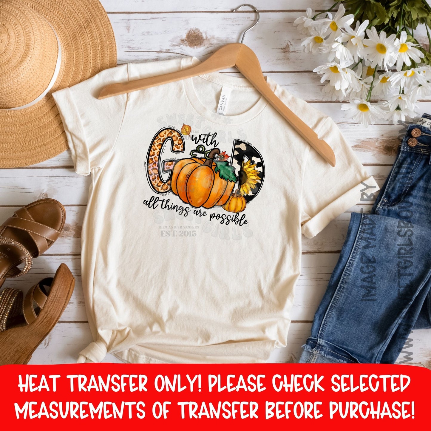 God With Pumpkin Sunflower DTF Heat Transfer | Fall Faith Christian Shirt Iron On | Leopard Cow Print Letters | Ready To Press Cold Peel Transfer | Autumn Religious Craft Design