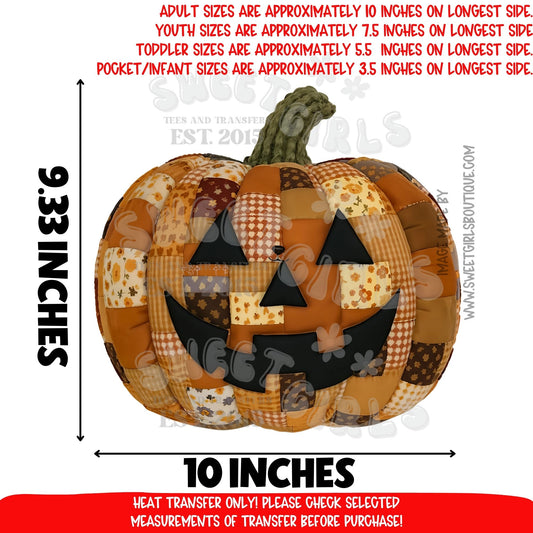 Patchwork Pumpkin DTF Heat Transfer | Fall Halloween Jack O Lantern Shirt Iron On | Quilt Style Pumpkin Face | Ready To Press Cold Peel Transfer | Vintage Autumn Craft Design