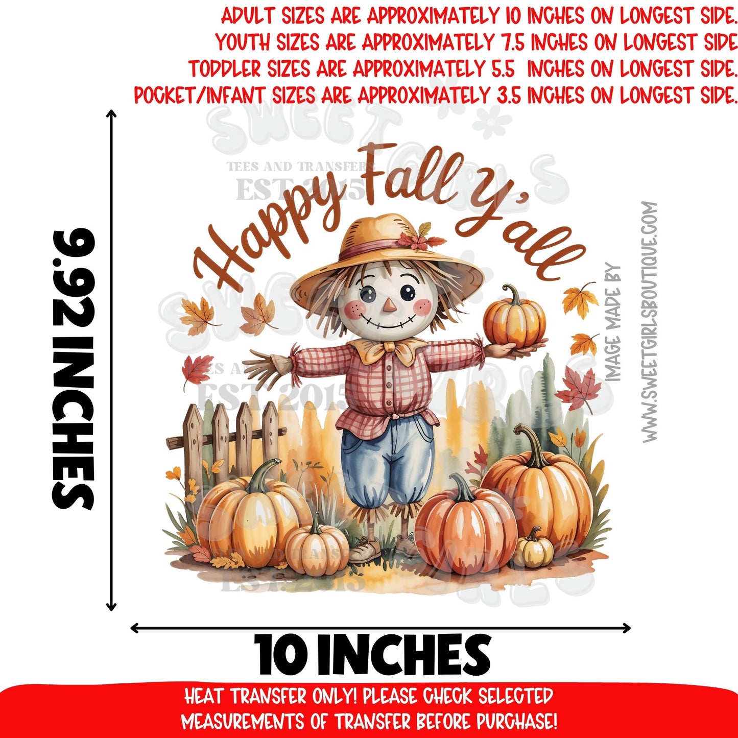Happy Fall Y’all Scarecrow Pumpkin Patch DTF Heat Transfer – Fall Shirt Transfer, Thanksgiving Autumn Leaves Printable Transfers for DIY Crafts