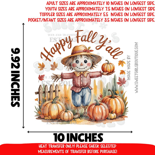 Happy Fall Y’all Scarecrow Pumpkin Patch DTF Heat Transfer – Fall Shirt Transfer, Thanksgiving Autumn Leaves Printable Transfers for DIY Crafts
